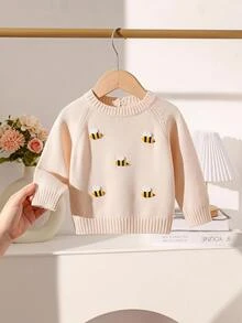 SHEIN 女嬰時尚可愛百搭 3D 蜜蜂圓領長袖針織毛衣 單件套頭上衣 秋冬款 - 米色 - 查看 1