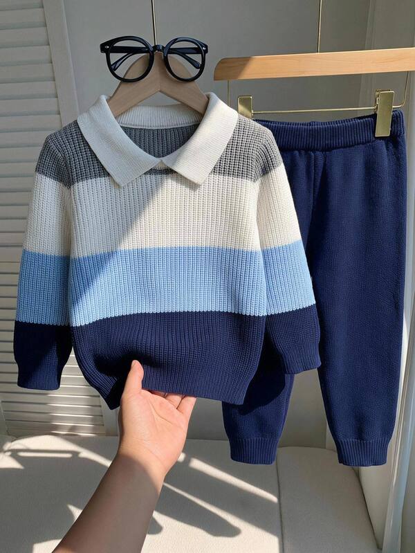 Fall Clothes Winter Toddler Boys Multicolor Long Sleeve Striped Color Block Sweater & Pants Set, Back To School, Cozy Soft, Festival Outfits Christmas