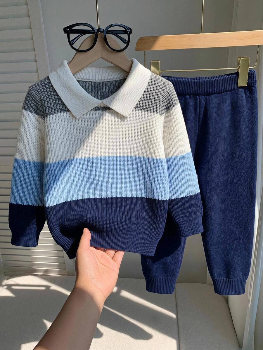 Fall Clothes Winter Toddler Boys Multicolor Long Sleeve Striped Color Block Sweater & Pants Set, Back To School, Cozy Soft, Festival Outfits Christmas - Multicolor - View 1