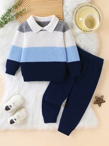 Fall Clothes Winter Toddler Boys Multicolor Long Sleeve Striped Color Block Sweater & Pants Set, Back To School, Cozy Soft, Festival Outfits Christmas - Multicolor - View 9