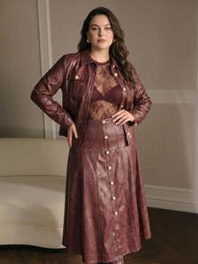 MOTF PREMIUM PLUS SIZE AUTUMN/WINTER PU FAUX LEATHER A-LINE SKIRT - Burgundy - View 4