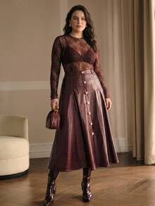 MOTF PREMIUM PLUS SIZE AUTUMN/WINTER PU FAUX LEATHER A-LINE SKIRT - Burgundy - View 1