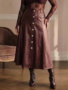MOTF PREMIUM PLUS SIZE AUTUMN/WINTER PU FAUX LEATHER A-LINE SKIRT - Burgundy - View 6