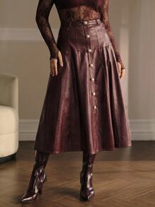 MOTF PREMIUM PLUS SIZE AUTUMN/WINTER PU FAUX LEATHER A-LINE SKIRT - Burgundy - View 5