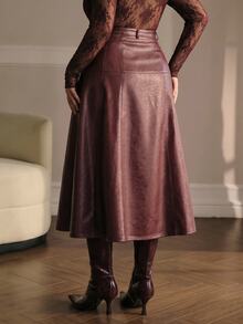 MOTF PREMIUM PLUS SIZE AUTUMN/WINTER PU FAUX LEATHER A-LINE SKIRT - Burgundy - View 2