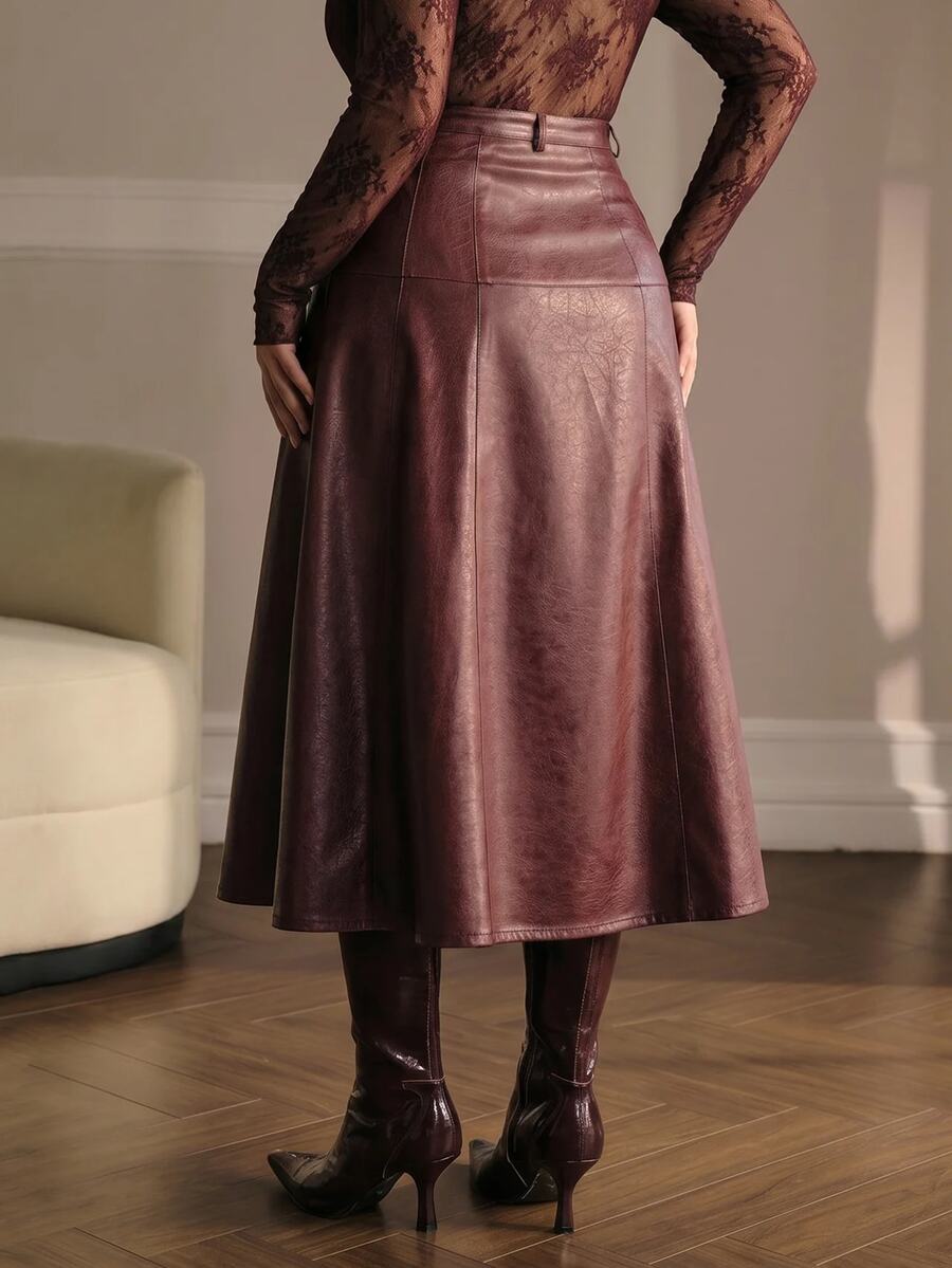MOTF PREMIUM PLUS SIZE AUTUMN/WINTER PU FAUX LEATHER A-LINE SKIRT - Burgundy - View 2