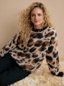 MOTF WOMEN'S LEOPARD PRINT VINTAGE PREMIUM DROPPED SHOULDER LOOSE FLUFFY KNIT SWEATER - Multicolor - View 5