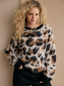 MOTF WOMEN'S LEOPARD PRINT VINTAGE PREMIUM DROPPED SHOULDER LOOSE FLUFFY KNIT SWEATER - Multicolor - View 7
