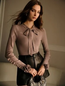 MOTF PREMIUM WOMEN'S SOLID RUFFLE TRIM TIE NECK SLIM FIT SWEATER - Grey - View 4