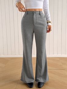 SHEIN EZwear 女款高腰千鳥格口袋休閒復古優雅學院風70年代喇叭褲 辦公室早午餐穿搭 黑白條紋秋季 - 卡其色 - 查看 9