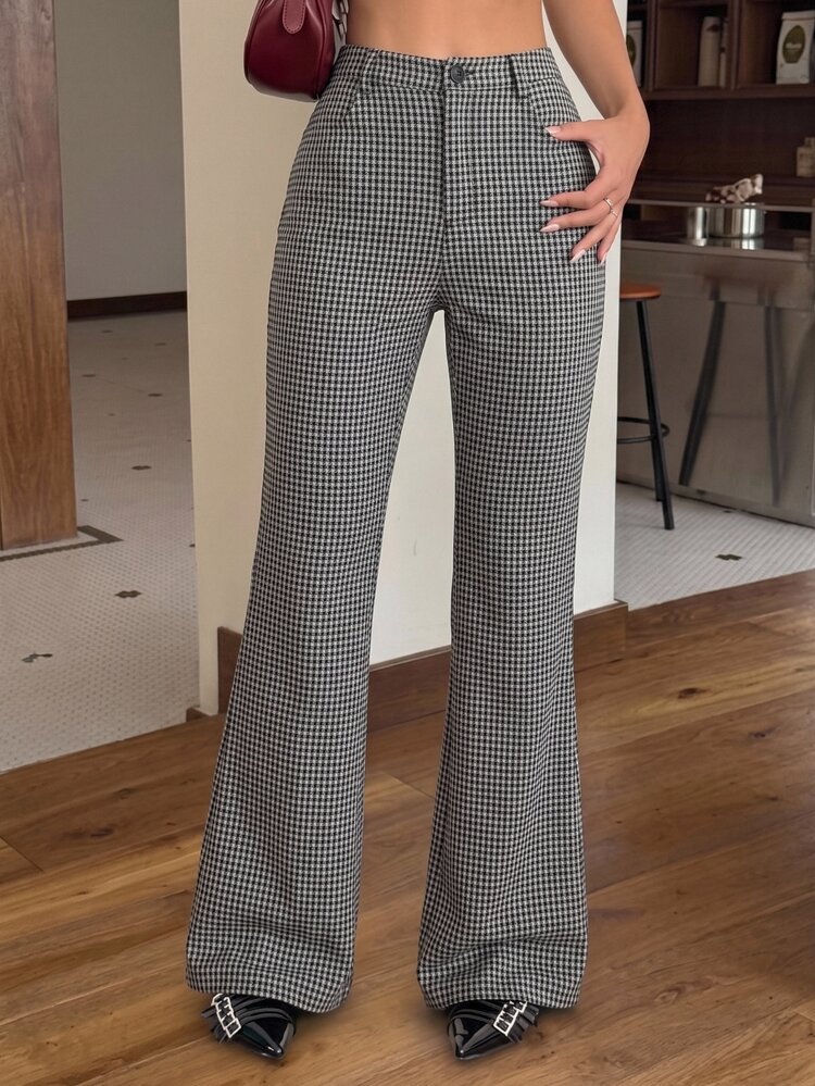 SHEIN EZwear Women's High Waist Houndstooth Pocket Casual Vintage Elegant Preppy 70s Flare Pants Office Brunch Black And White Striped Fall - Khaki - View 7