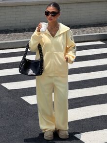 Muchica 2件組女款休閒套裝 (2026秋冬)：字母印花拉鍊長袖運動衫與慢跑褲 - 運動休閒與哥德風字母印花服飾 - 黃色 - 查看 7