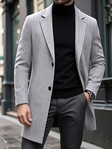 Manfinity Mode Men's Grey Herringbone Solid Color Notch Lapel Single-Breasted Long Coat, Classic Versatile Autumn/Winter Style, Straight Fit Premium Wool Coat - Grey - View 5