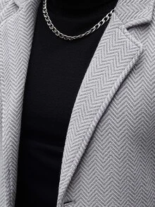Manfinity Mode Men's Grey Herringbone Solid Color Notch Lapel Single-Breasted Long Coat, Classic Versatile Autumn/Winter Style, Straight Fit Premium Wool Coat - Grey - View 4