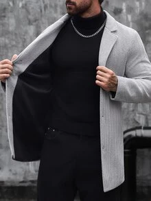 Manfinity Mode Men's Grey Herringbone Solid Color Notch Lapel Single-Breasted Long Coat, Classic Versatile Autumn/Winter Style, Straight Fit Premium Wool Coat - Grey - View 3