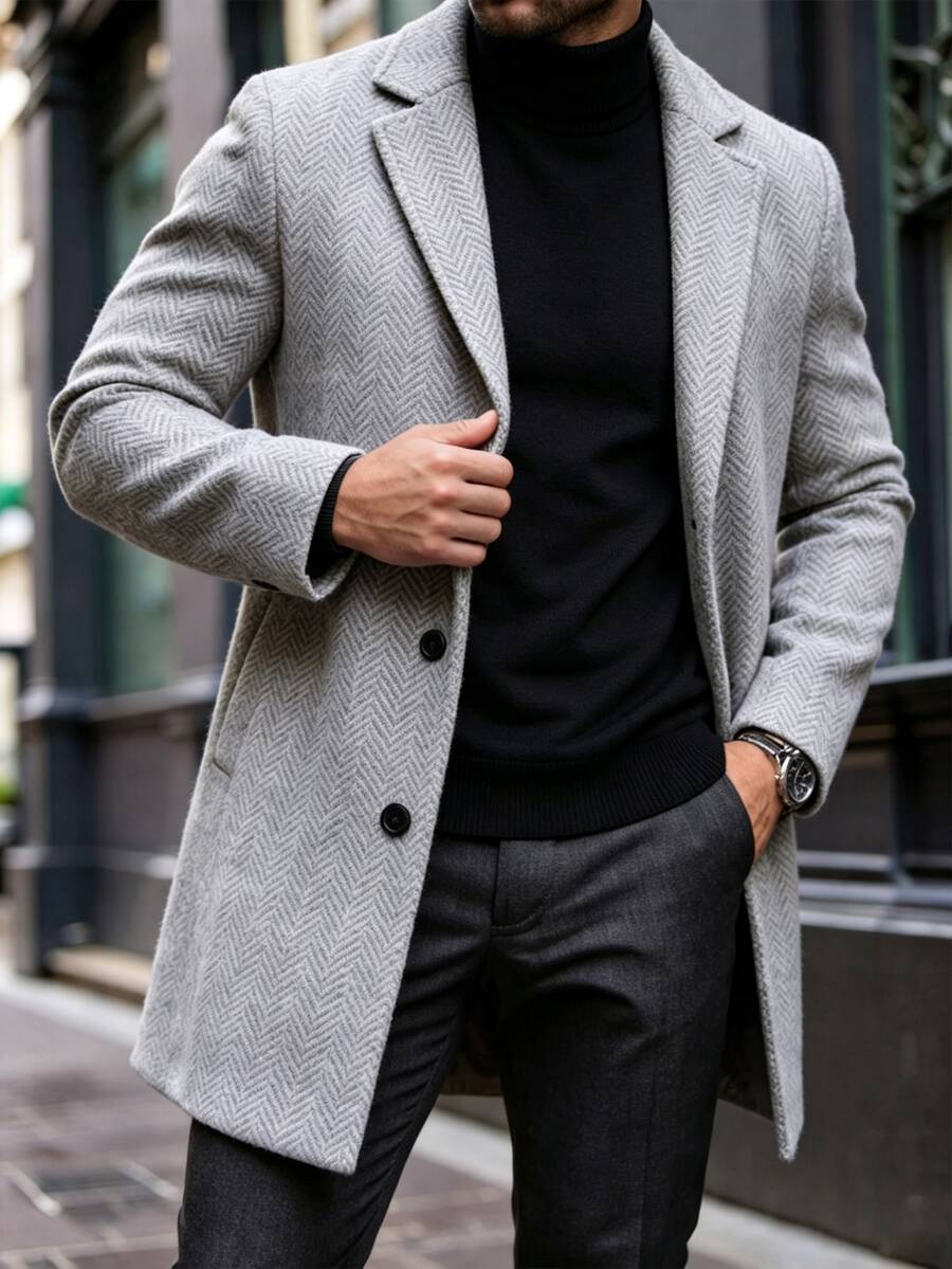 Manfinity Mode Men's Grey Herringbone Solid Color Notch Lapel Single-Breasted Long Coat, Classic Versatile Autumn/Winter Style, Straight Fit Premium Wool Coat - Grey - View 1