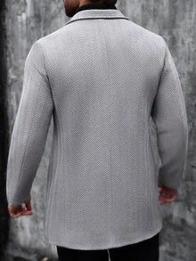 Manfinity Mode Men's Grey Herringbone Solid Color Notch Lapel Single-Breasted Long Coat, Classic Versatile Autumn/Winter Style, Straight Fit Premium Wool Coat - Grey - View 2