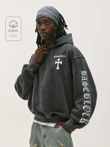 Baseblock 男士黑色水洗復古Y2K街頭風短版套頭連帽衛衣，哥德十字與古英文哥德字母印花長袖運動衫，休閒外出演唱會音樂節夜店穿搭上衣 - 黑色 - 查看 4