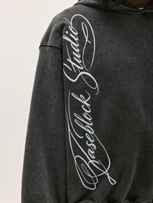 Baseblock Men's Black Washed Vintage Y2K Streetwear Short Pullover Hoodie, Elegant Cursive English Letter Graphic Long Sleeve Sweatshirt, Casual Outing Concert Festival Club Outfit Top - Black - View 3