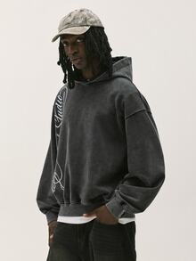 Baseblock Men's Black Washed Vintage Y2K Streetwear Short Pullover Hoodie, Elegant Cursive English Letter Graphic Long Sleeve Sweatshirt, Casual Outing Concert Festival Club Outfit Top - Black - View 4