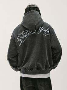 Baseblock Men's Black Washed Vintage Y2K Streetwear Short Pullover Hoodie, Elegant Cursive English Letter Graphic Long Sleeve Sweatshirt, Casual Outing Concert Festival Club Outfit Top - Black - View 5
