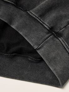 Baseblock Men's Black Washed Vintage Y2K Streetwear Short Pullover Hoodie, Elegant Cursive English Letter Graphic Long Sleeve Sweatshirt, Casual Outing Concert Festival Club Outfit Top - Black - View 7