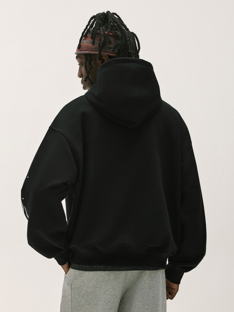 Baseblock Men's Black Y2K Streetwear Short Pullover Hoodie, Vintage Gothic Letter & Flame Sleeve Print With Rhinestones, Front Pocket Long Sleeve Sweatshirt, Casual Outfit For Outings, Concerts, Festivals, Clubs - Multicolor - View 2