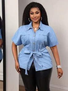 Slaydiva Atasan Denim Kasual Sehari-hari Wanita Ukuran Plus dengan Ikat Pinggang - Coklat - View 6
