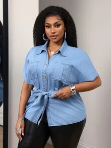 Slaydiva Atasan Denim Kasual Sehari-hari Wanita Ukuran Plus dengan Ikat Pinggang - Coklat - View 3