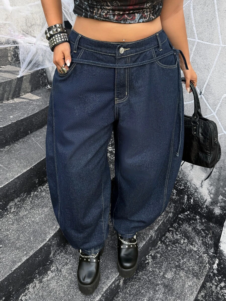 Jeanoix Quần jeans ống cong denim không co giãn size lớn cho nữ phong cách Y2K, màu xanh đậm vân denim thô với thiết kế dây buộc, kiểu cowboy cho nữ - Rửa tối - Xem 1