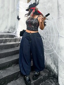 Jeanoix Quần jeans ống cong denim không co giãn size lớn cho nữ phong cách Y2K, màu xanh đậm vân denim thô với thiết kế dây buộc, kiểu cowboy cho nữ - Rửa tối - Xem 7