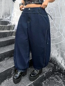 Jeanoix Quần jeans ống cong denim không co giãn size lớn cho nữ phong cách Y2K, màu xanh đậm vân denim thô với thiết kế dây buộc, kiểu cowboy cho nữ - Rửa tối - Xem 3