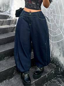 Jeanoix Quần jeans ống cong denim không co giãn size lớn cho nữ phong cách Y2K, màu xanh đậm vân denim thô với thiết kế dây buộc, kiểu cowboy cho nữ - Rửa tối - Xem 6