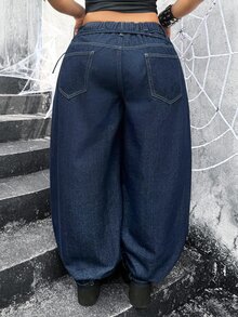 Jeanoix Quần jeans ống cong denim không co giãn size lớn cho nữ phong cách Y2K, màu xanh đậm vân denim thô với thiết kế dây buộc, kiểu cowboy cho nữ - Rửa tối - Xem 2