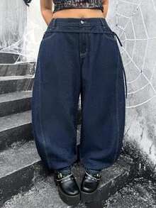 Jeanoix Quần jeans ống cong denim không co giãn size lớn cho nữ phong cách Y2K, màu xanh đậm vân denim thô với thiết kế dây buộc, kiểu cowboy cho nữ - Rửa tối - Xem 4
