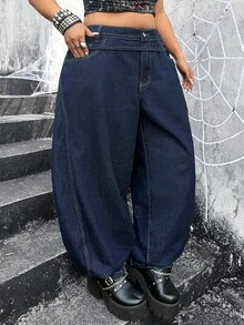 Jeanoix Quần jeans ống cong denim không co giãn size lớn cho nữ phong cách Y2K, màu xanh đậm vân denim thô với thiết kế dây buộc, kiểu cowboy cho nữ - Rửa tối - Xem 5