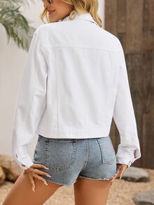 EMERY ROSE Women's Plain Front Button Casual Long Sleeve Denim Jacket And Coat, Summer - White - View 4