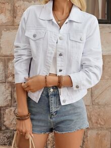 EMERY ROSE Women's Plain Front Button Casual Long Sleeve Denim Jacket And Coat, Summer - White - View 2