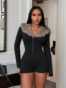 SHEIN SXY 女款毛絨拼接修身連身褲 - 彩色 - 查看 4