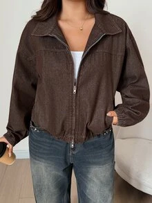 Dazy Plus 淺洗藍色連帽拉鍊寬鬆燈籠袖收口下擺牛仔夾克大尺碼女款 - 棕色 - 查看 5