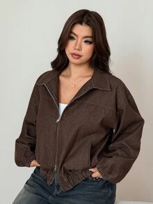 Dazy Plus 淺洗藍色連帽拉鍊寬鬆燈籠袖收口下擺牛仔夾克大尺碼女款 - 棕色 - 查看 7