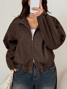 Dazy Plus 淺洗藍色連帽拉鍊寬鬆燈籠袖收口下擺牛仔夾克大尺碼女款 - 棕色 - 查看 1