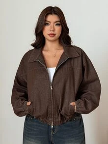 Dazy Plus 淺洗藍色連帽拉鍊寬鬆燈籠袖收口下擺牛仔夾克大尺碼女款 - 棕色 - 查看 4
