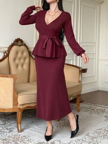 DAZY Solid Surplice Neck Belted Top & Skirt Fall - Burgundy - View 7