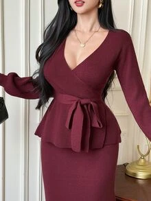 DAZY Solid Surplice Neck Belted Top & Skirt Fall - Burgundy - View 4