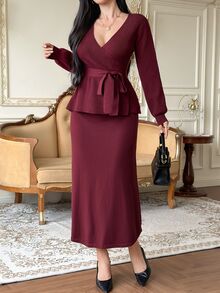 DAZY Solid Surplice Neck Belted Top & Skirt Fall - Burgundy - View 3