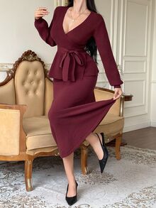 DAZY Solid Surplice Neck Belted Top & Skirt Fall - Burgundy - View 8