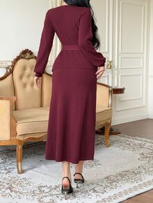 DAZY Solid Surplice Neck Belted Top & Skirt Fall - Burgundy - View 2