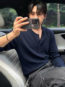 DAZY 男士紋理布料純色基本款半鈕扣T恤 - 藏蓝色 - 查看 4
