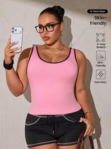 Easithlete Plus Size Women's Seamless Trim Daily Fitness Sports Tank Top - Pink - View 1
